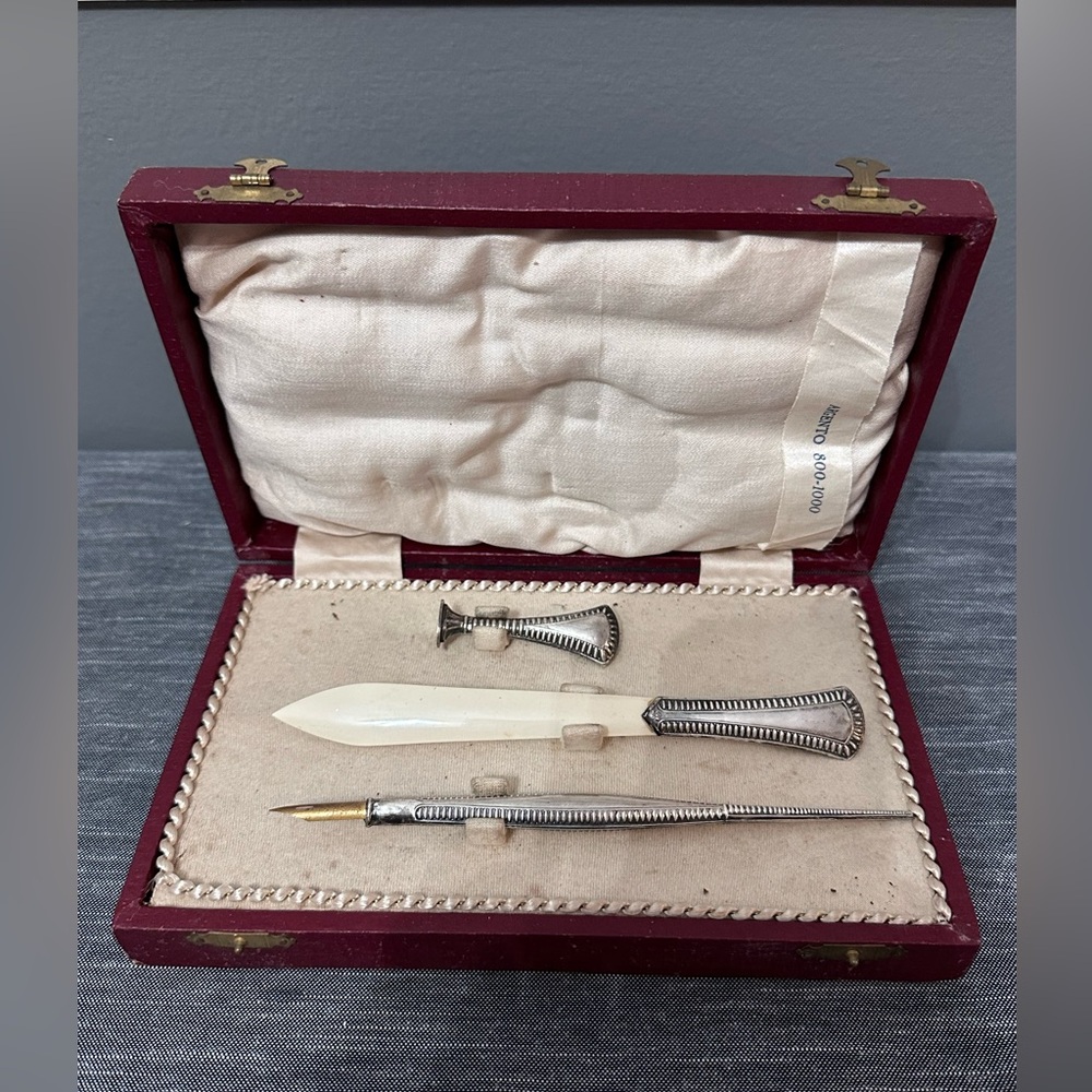 Antique 1920's - Boxed Desk Set - 800 Silver And Ivory Italian